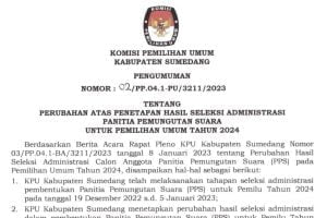 [PERUBAHAN] Pengumuman Hasil Seleksi Administrasi Pembentukan Calon Anggota PPS Pemilu 2024 Untuk Kabupaten Sumedang